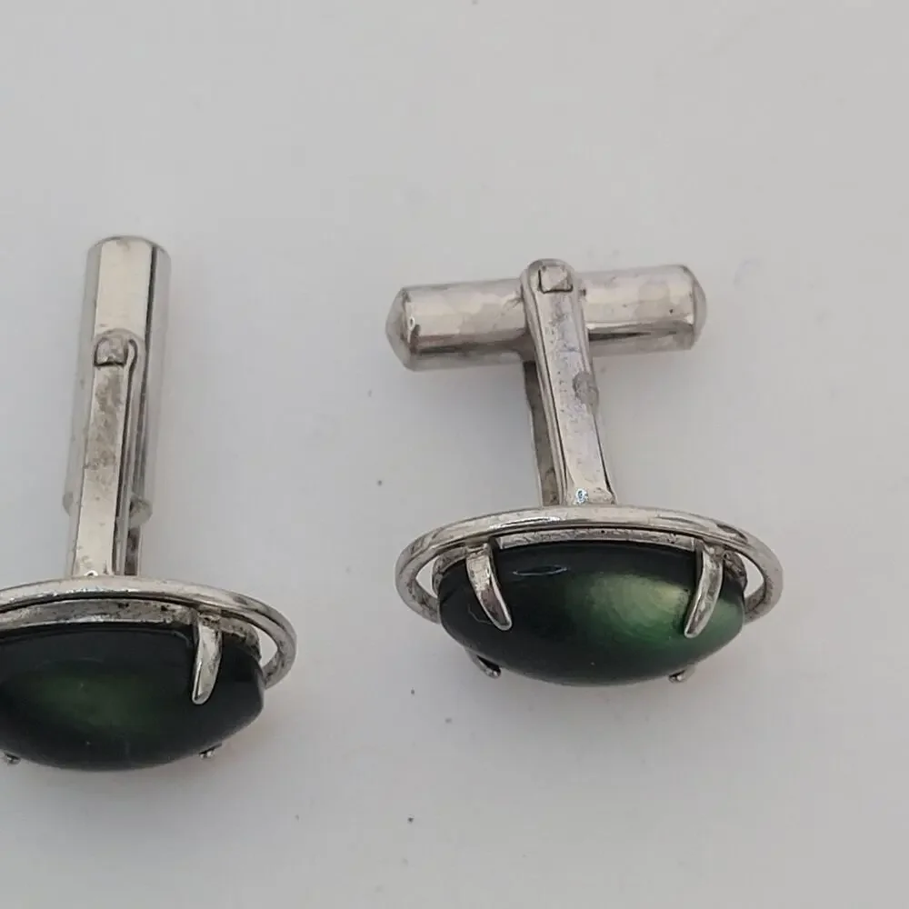 Abalone Shell Cufflinks Silver Tone Green Oval Cabochon Cufflinks Vintage Retro
